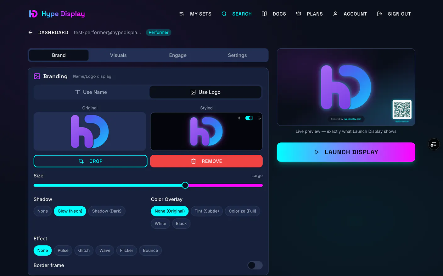 Display settings on the Brand tab, with a DJ name typed in and the live preview beside it