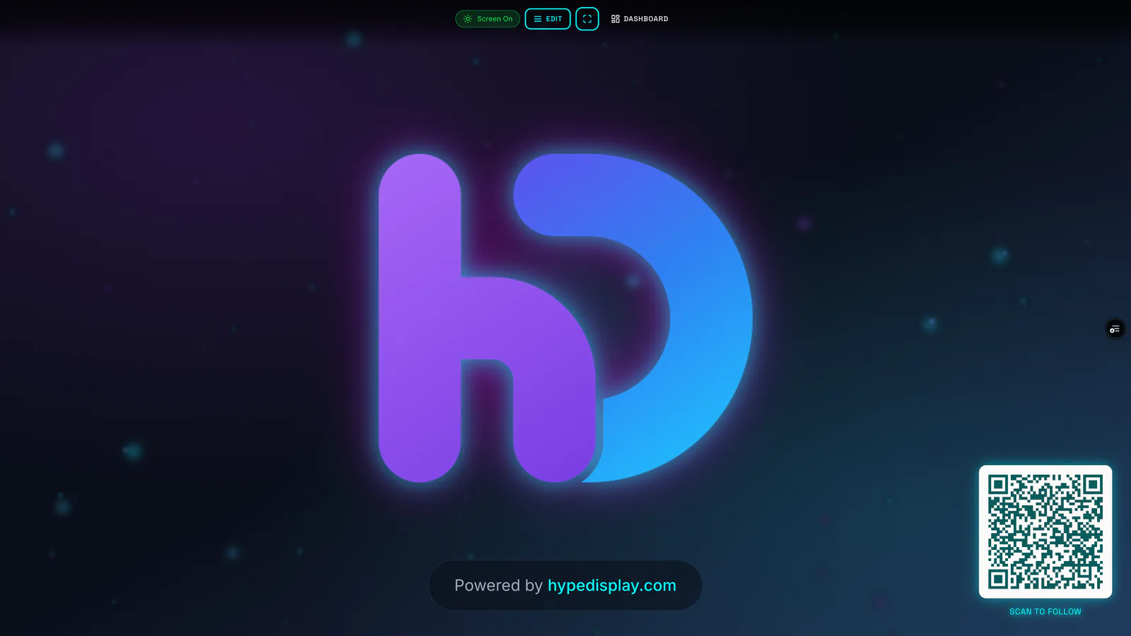 The display running: a logo over a moving background, a QR code bottom right, controls along the top