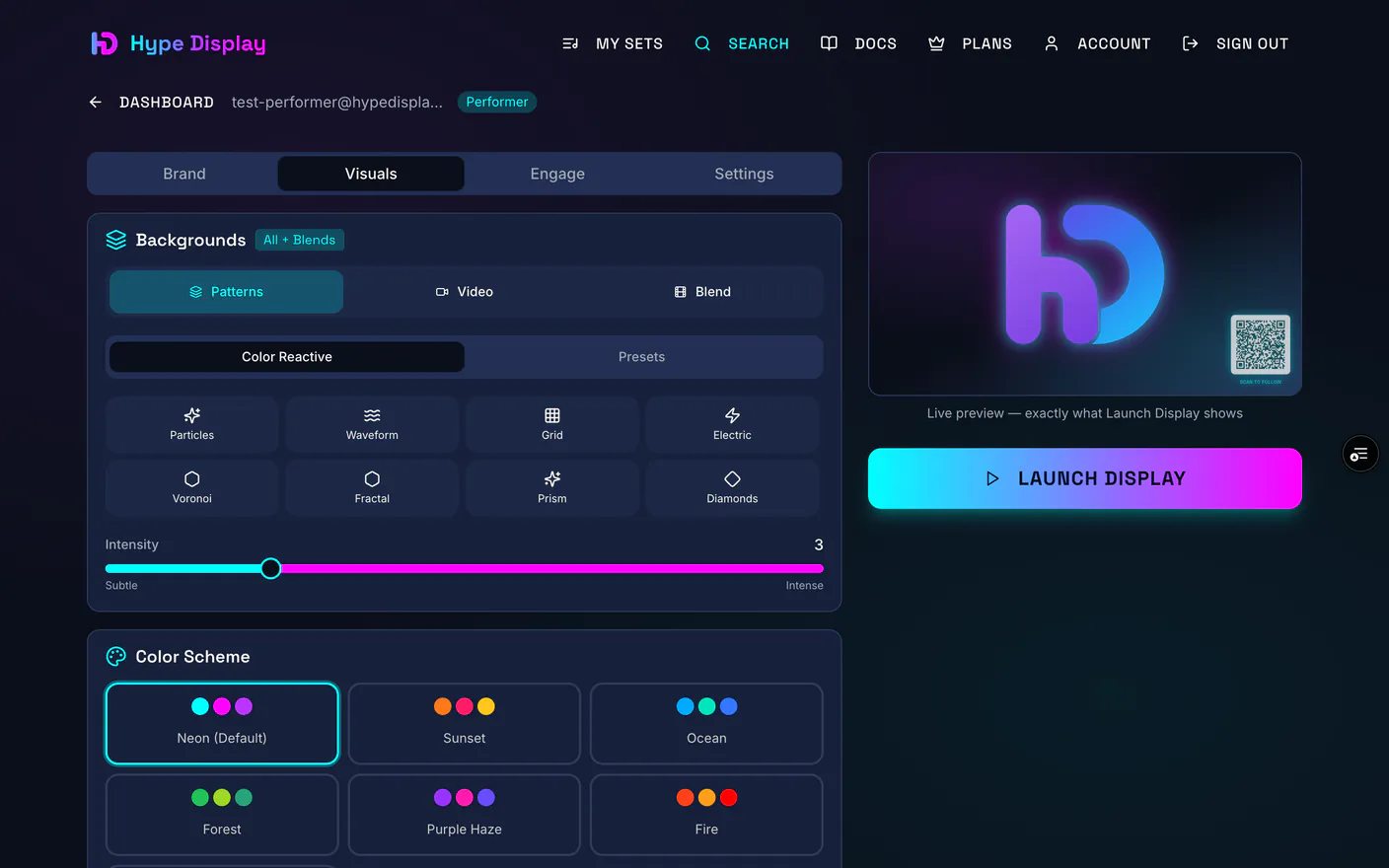 The Visuals tab showing the pattern grid, with one pattern selected and previewing