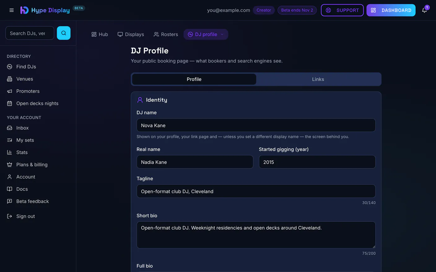 The DJ profile editor showing the identity, genres and location sections