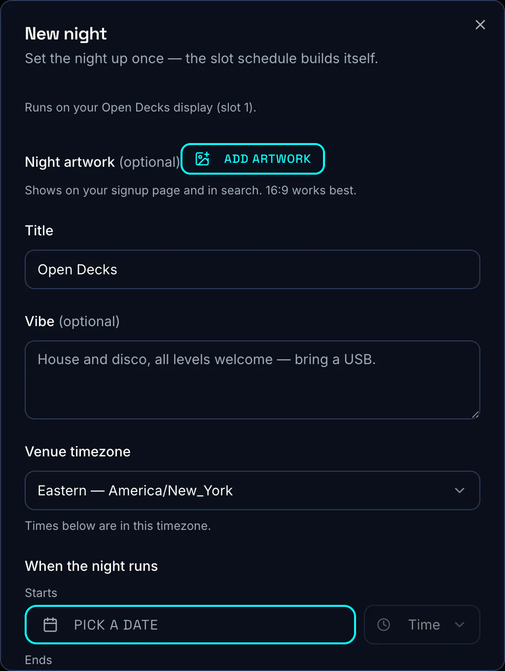 The new open decks night form, showing title, date, slot length and sign-up settings