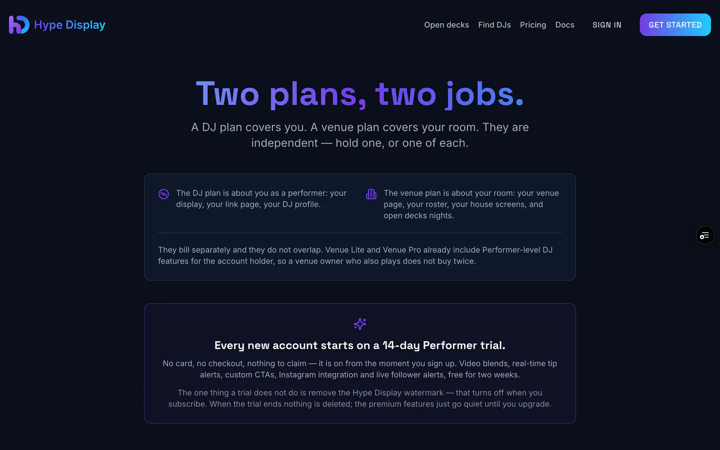 The public pricing page with the DJ and venue tabs and a monthly or yearly toggle
