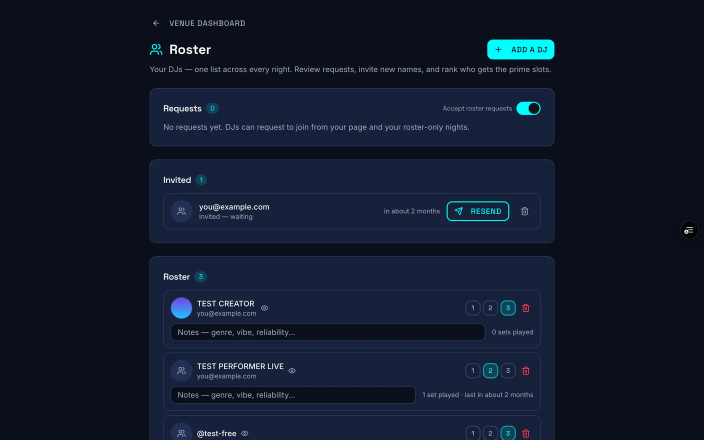 The roster hub with its Requests, Invited and Roster sections
