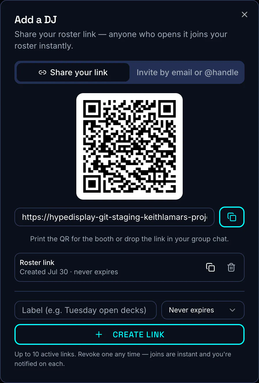 The Add a DJ dialog on the share-link tab, showing a QR code and a copyable link