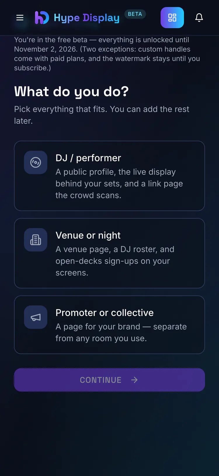 The first-run screen asking what you do, with DJ, venue and promoter cards