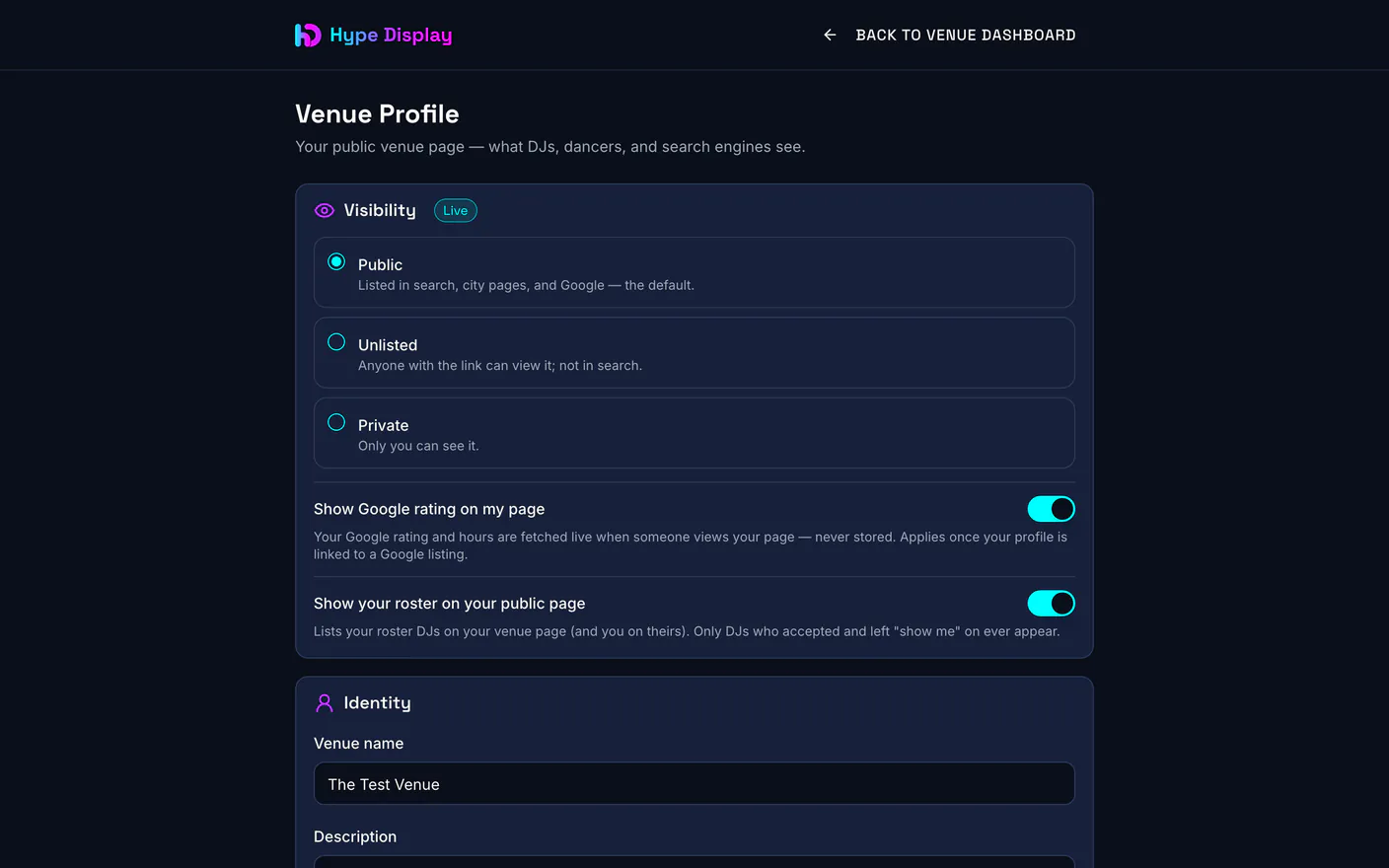 The venue profile editor with visibility, identity and location sections